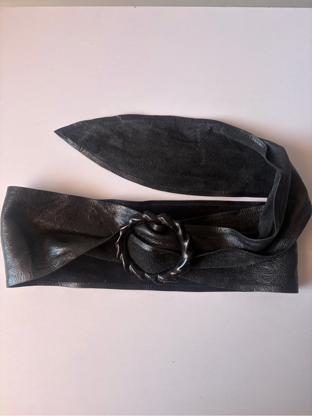 Italian United Colors Of Benetton Black Leather Wrap Belt with Twisted Ring